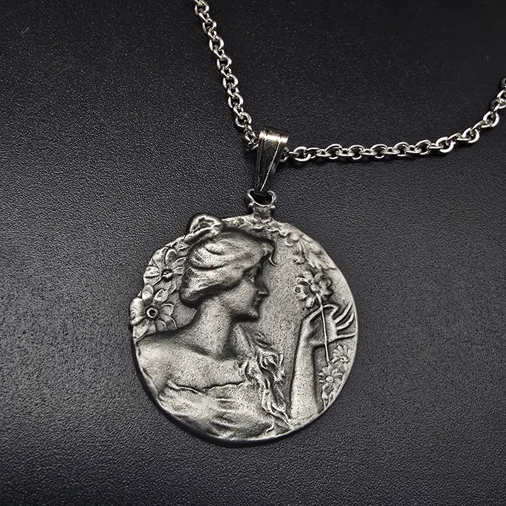 Pewter Art Nouveau Lady Pendant Necklace Vintage Costume Jewelry